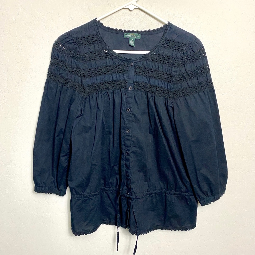 Lauren Ralph Lauren Size Medium Black Blouse Boho Peasant Whimsigoth